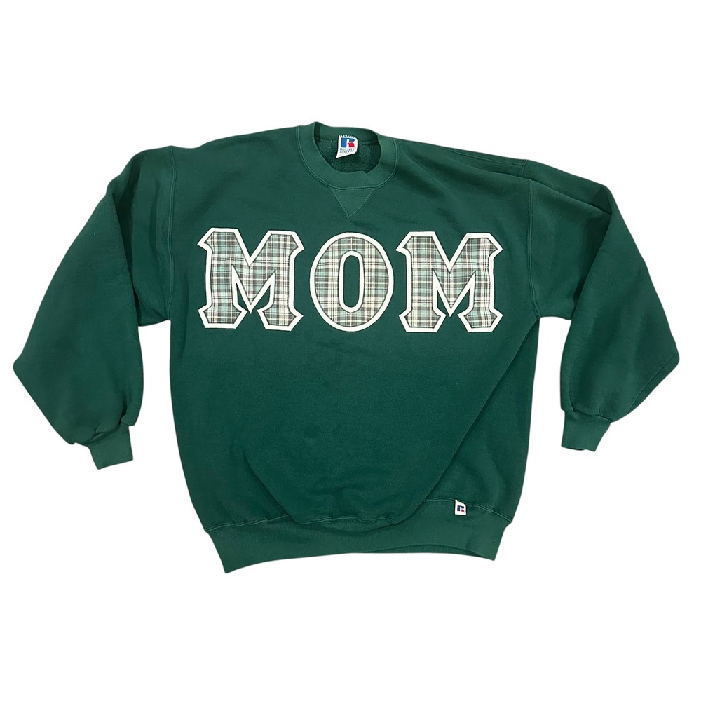 Vintage Russell Athletic Mom Plaid Applique Sweatshirt Green XL Made in USA 90s